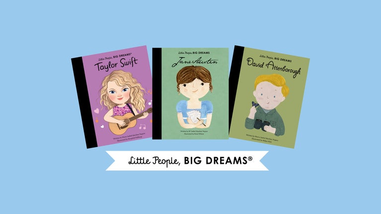 Three children's book covers appear on a plain blue background with the words 'Little People, BIG DREAMS' appearing in black writing on white tape.